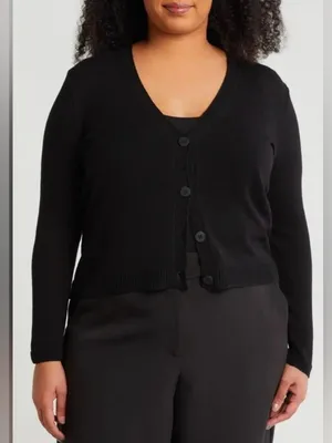 Max Studio London Black linen blend V-Neck Button-Up Cardigan, size XL preppy thumbnail 1