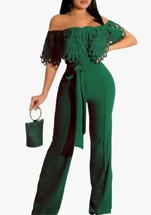 NEW Green Off Shoulder Solid Wide Leg Jumpsuits L NO BELT thumbnail 1
