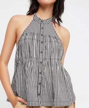 Free People Take It Easy Gingham Halter Top Black White Plaid Small Buttons thumbnail 1