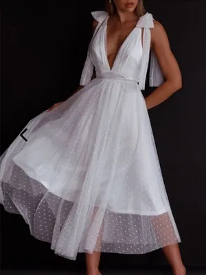 NWT One and Only Collective Tie Shoulder Mesh Tulle Dress Deep V Midi White Gown thumbnail 1