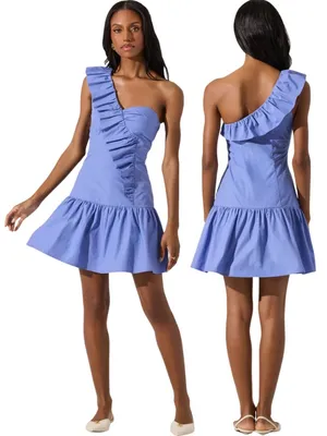 ASTR The Label One Shoulder Ruffle Mini Dress Womens Large Cobalt Blue Chic NWOT thumbnail 2