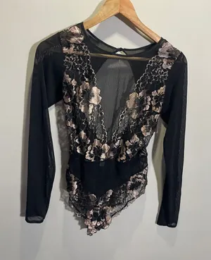Auden Bodysuit Women Medium Black Floral Lace Mesh Long Sleeve‎ Sexy Lingerie thumbnail 1
