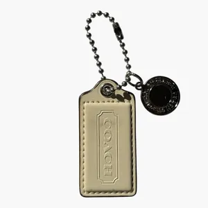 Coach Cream Leather Hangtag Keychain Bag Charm Logo Tag Silver Tone 2.5” Y2K thumbnail 3
