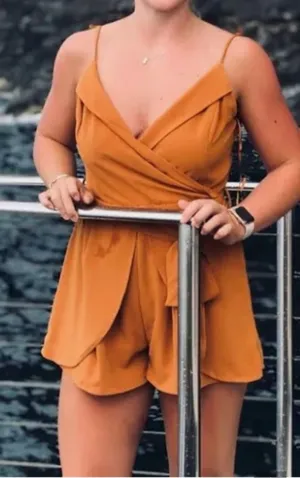 Style Rack Mustard Wrap Romper - Sleeveless Spaghetti Strap thumbnail 1