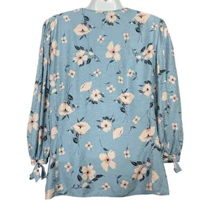 Rebecca Taylor Daniella Floral Blouse Dot Pattern Blue V-Neck Top Tie Cuff Women thumbnail 5