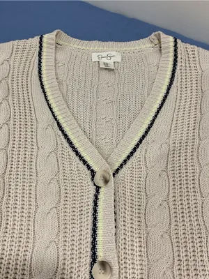Jessica Simpson Beige Cable Knit Ribbed Trim V-NECK Cardigan XS thumbnail 2