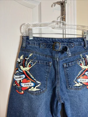 Ed Hardy Women’s 26 Brave Eagle Wide Leg Grunge Y2K Blue Denim Jeans thumbnail 8