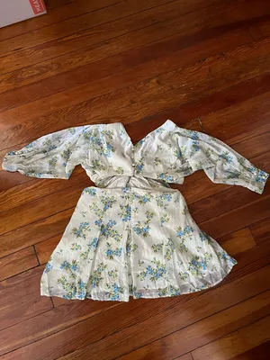 ASOS Petite Cream Mini Dress with Blue and Green Floral Print and Ring Cutout thumbnail 8