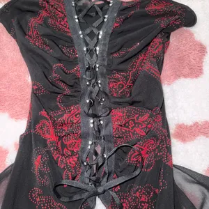 🔥 Y2K Gothic Fairy Corset Top – Black & Red Paisley Lace-Up Camisole w/ Sheer Flowy Panels (Size S) 🖤 thumbnail 4