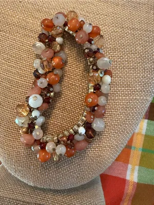 Boho Cluster Bead Wrap Stretch Bracelet, Earth Tones -Orange & Cream thumbnail 4