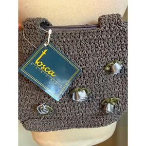 Tosca Handbag Grey blue Crochet Floral Ribbon Rose Mini Tote Zip boho Bag NEW y2 thumbnail 3