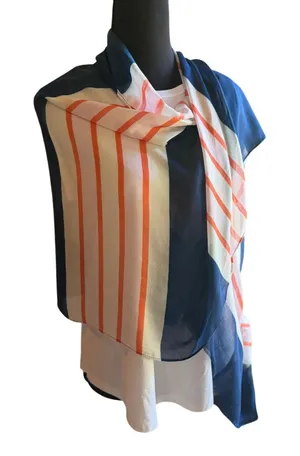 Kate Spade New York NWT Colorblock Stripe Scarf Navy Coral Ivory Wrap 25x77 thumbnail 1