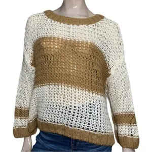 Free People Women’s Size S Tan Beige Cream Striped Color Block Loose Fit Sweater thumbnail 2