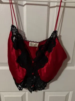 Vintage Victorias Secret Gold Label Red‎ Satin Black Lace Camisole Top Large thumbnail 1
