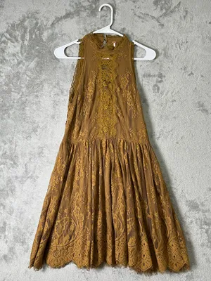 Free People Verushka Mini Dress Size 12 Golden Honey Lace Fit Flare Boho 12 thumbnail 1
