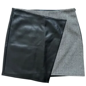 Mango Retro Asymmetrical Micro Mini Skirt 6 Black Faux Leather Houndstooth Tweed thumbnail 1