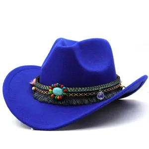 Blue Western Cowboy, Cowgirl Hat, Bead Tassle Strap, Men Women‎ Retro Wide Brim thumbnail 4