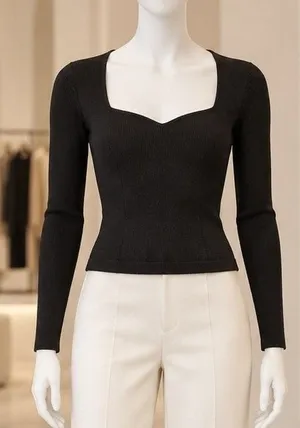 Aritzia Wilfred Womens Top Black Ribbed Sweetheart Neckline Long Sleeve Size M thumbnail 1