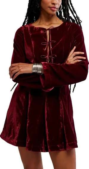 Free People Linney Velvet Minidress in Cabernet Burgundy‎ thumbnail 1