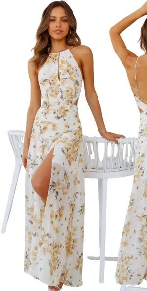 Hello Molly Just Us Floral Maxi Dress Womens Medium White Yellow Slits Open Back thumbnail 1