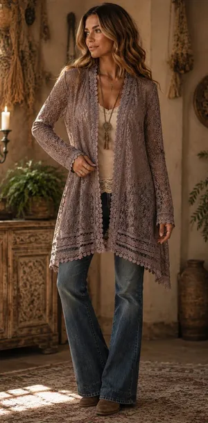 NWOT - L - Altar'd State Dusty Brown Lace Open-Front Cardigan thumbnail 1