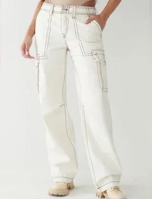 True Religion Cream Cargo Pants with Stitch Detailing thumbnail 1