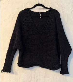 Free People Black‎ Chunky Knit V-Neck Batwing Sleeve Oversized Sweater Small thumbnail 1