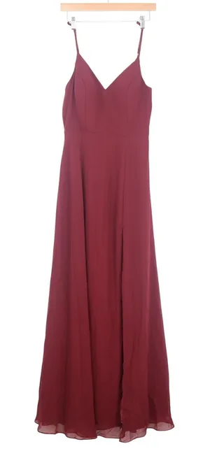 Azazie Burgundy V-Neck Chiffon Maxi Bridesmaid Dress Lace Back Slit Size 10 thumbnail 1