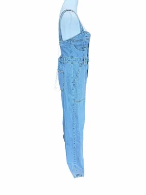 Lulus Denim Jumpsuit Sz Medium NWT Light Wash Date Night Out Brunch Bustier Fall thumbnail 4