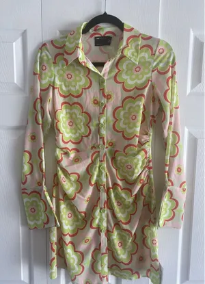 ASOS Floral Ruched Mini Shirt Dress Womens 4 Pink Green Retro‎ 70s Y2K Crepe thumbnail 1