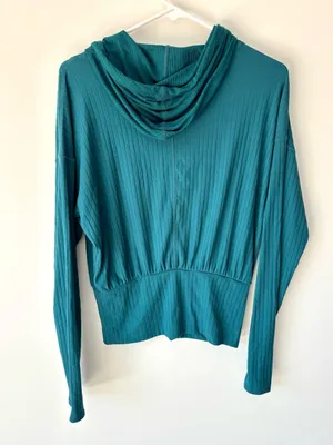 Free People Movement Teal Ribbed Long Sleeve Lightweight Hoodie Fitted Waist thumbnail 7