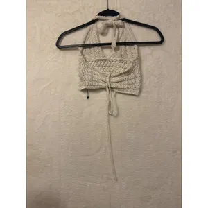 Romwe Crochet Halter Top Cream Boho Knit Lace Up Back Crop Top XS‎ thumbnail 5