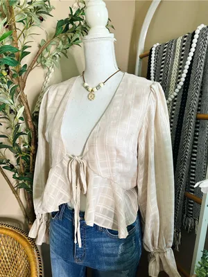 Mable Blush Beige Plaid Tie Front Peplum Blouse Medium thumbnail 4