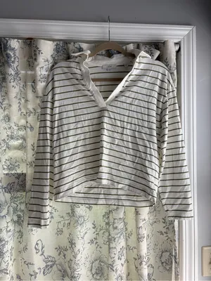 Vince Easy Polo Striped Cotton Long Sleeve Women’s Top Olive Stone thumbnail 6