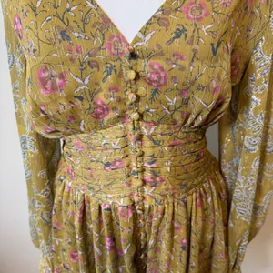 House of Harlow Mini Dress M Mustard Floral Smocked V-Neck Romantic Whimsgoth thumbnail 6