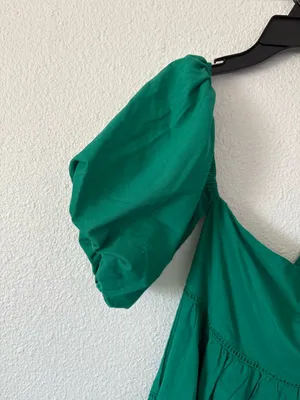 Showpo HARLEEN MINI DRESS Linen Asymmetrical Trim Puff Sleeve Dress In Green 10 thumbnail 5