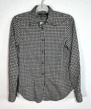 Lauren Ralph Lauren Houndstooth Top S Black Ivory Cotton Non Iron Button Up thumbnail 1