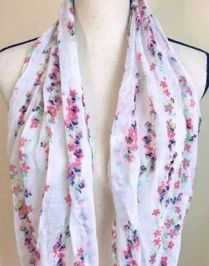 belle du jour White Floral Infinity Scarf w/ Petite Pink, Blue Flowers & Hues, Spring Like thumbnail 2