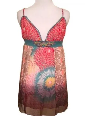 Anthropologie Lulumarie Pink & Blue Boho Print Adjustable Spaghetti Strap Tank Top M thumbnail 1