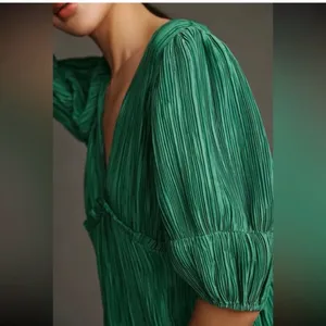 Anthropologie Emerald Green Pleated Midi Dress with Puff Sleeves thumbnail 3