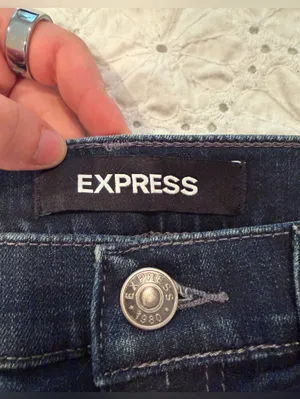 Express Dark Wash Denim Mini Skirt with Frayed Hem thumbnail 3