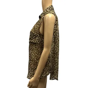 Wet Seal Animal Print Button Up Sleeveless Semi Sheer Pocket Blouse Top Womens L thumbnail 7