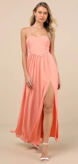 NWT Lulus Luxe Favorite Peach Pink Strapless Ruched Maxi Dress Bridesmaid Size M thumbnail 1