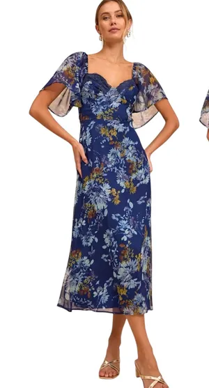 Lulus Valla Navy Blue Floral Flutter Sleeve Midi Dress size Large NWT thumbnail 1