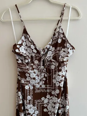 Paper Heart Anthropologie Chocolate Brown Floral Linen Maxi Dress, Size Large thumbnail 3