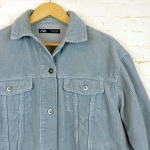 Zara Oversized Corduroy Trucker Jacket Womens XS Baby Blue Raw Hem Gorpcore 90s thumbnail 7