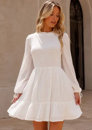 Selfie Leslie Secret Garden Long Sleeve Smocked Bodice Dress White Size XS NWT thumbnail 1
