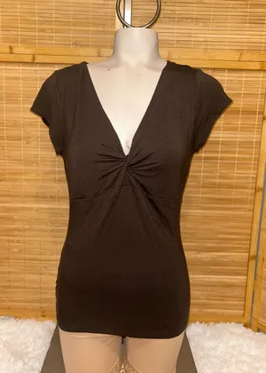 Ann Taylor brown twist front v-neck top short sleeve shirt size small stretchy thumbnail 1