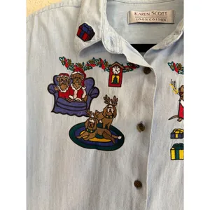 Karen Scott Button Down Shirt Blue M Women Christmas Dogs Embroidered Chambray thumbnail 5