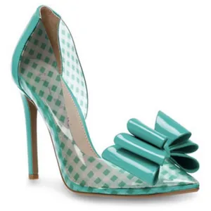 Betsey Johnson Womens Heels Size 8.5 Turquoise Gingham Bow Pointed Toe Vinyl thumbnail 1